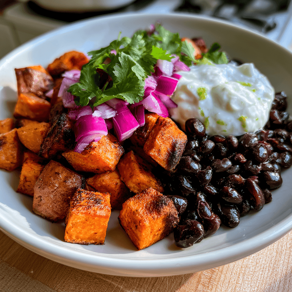 Ugnsrostad sötpotatis med svarta bönor och limeyoghurt