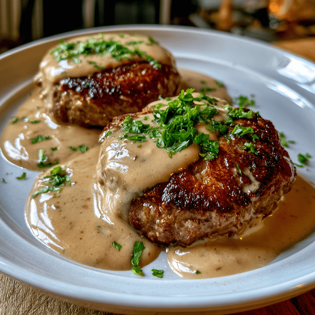 Italienska pannbiffar med krämig pansås och örter