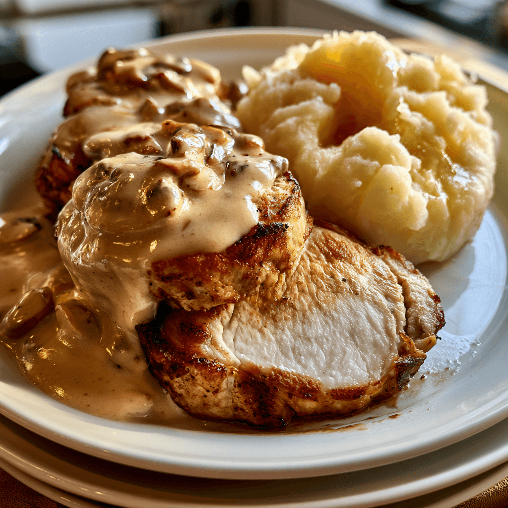 Falsk fläskfilé med krämig champinjonsås och pressad potatis
